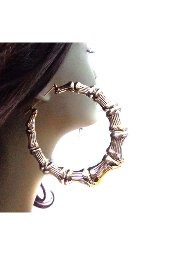 Extra Large Bamboo Hoop Earrings Gold Tone 4 inch Hoop Earrings