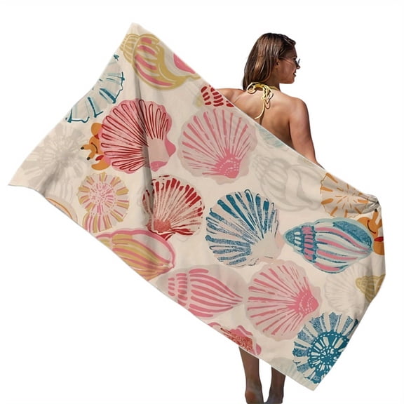 Extra Large Bath Towel - Pink, Red, Blue, Beige Tropical Shell Pattern Ultra Soft Quick Dry Bath Towel, Fluff Microfiber Salon Towel for Spas and Beaches