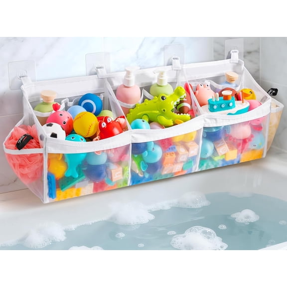 Extra Large Bath Toy Organizer with 3 Compartments and Multiple Pockets, Quick-Dry Mesh Bathtub Storage for Kids' Toys