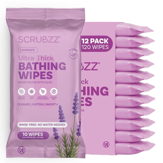 Extra Large Bath Wipes for Adults Bathing No Rinse - 120 Disposable Body Cleansing Wipes for Men, Women & Elderly - Great for Gym, Camping, Post Surgery - Shower Wipes - Lavender