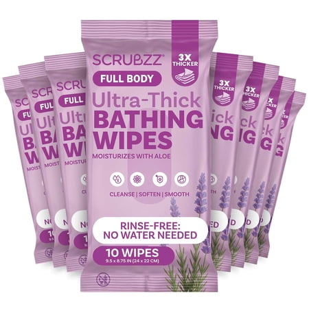 Extra Large Bath Wipes for Adults Bathing No Rinse - 80 Disposable Body Cleansing Wipes for Men, Women & Elderly - Great for Gym, Camping, Post Surgery - Shower Wipes - Lavender