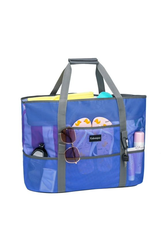 Extra Large Beach Bag, Kabaqoo Shop Grocery Bag Picnic Mesh Tote Bags with Zip and Pocket, Blue