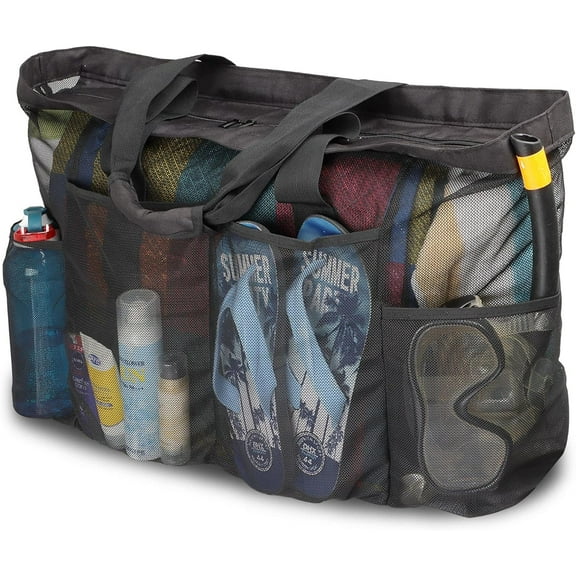 Extra Large Beach Bag, XL Mesh Tote with Zipper and Pockets Ideal for Your Family Beach Trip