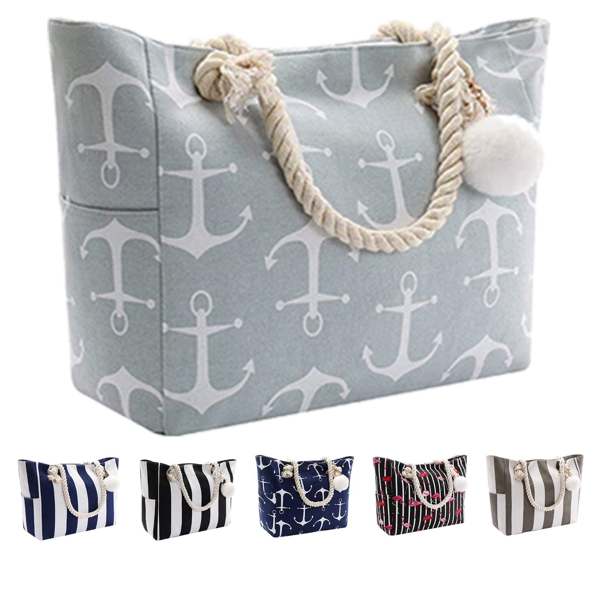 Extra Large Beach Bags Totes Women Waterproof Sandproof Big Tote Bag Zipper  Inner Pockets Rope Handle Canvas with Zip Closure Swim Pool Gym Picnic  Travel Weekend Accessorie Grey Anchor Handbag Gifts 