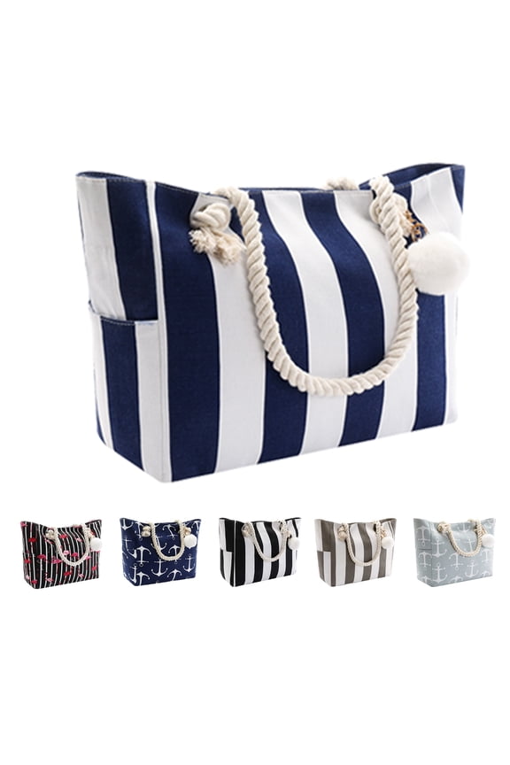Extra Large Beach Bags Totes Women Waterproof Sandproof Big Tote Bag Zipper Inner Pockets Rope Handle Canvas with Zip Closure Swim Pool Gym Picnic Travel Weekend Accessorie Striped Blue Handbag Gifts