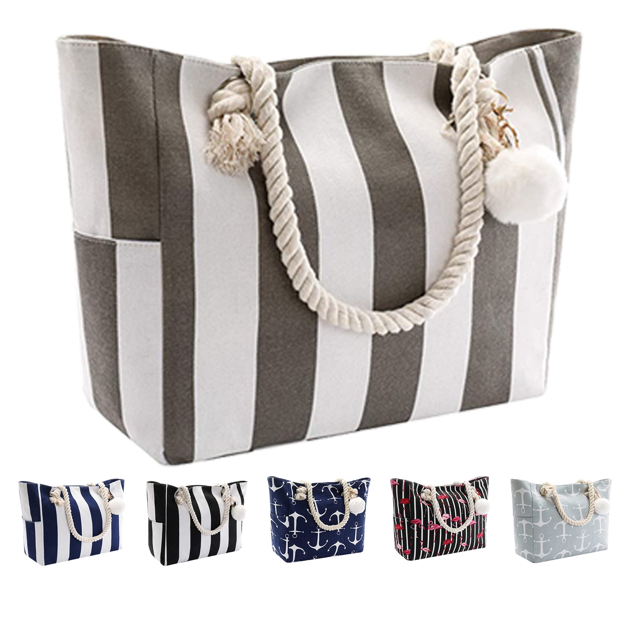 Extra Large Beach Bags Totes Women Waterproof Sandproof Big Tote Bag Zipper Inner Pockets Rope Handle Canvas with Zip Closure Swim Pool Gym Picnic Travel Weekend Accessorie Striped Grey Handbag Gifts