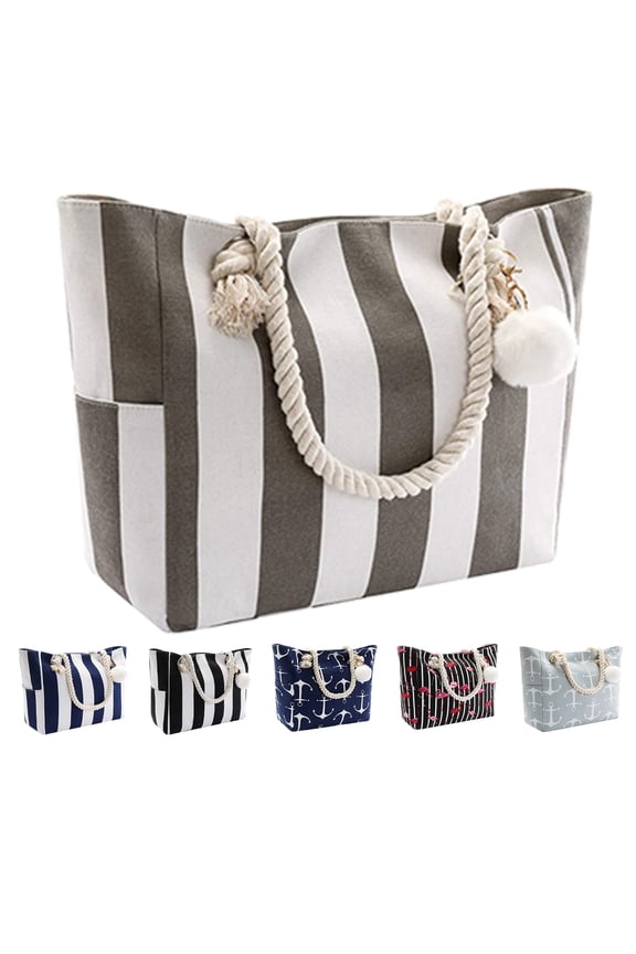 Extra Large Beach Bags Totes Women Waterproof Sandproof Big Tote Bag Zipper Inner Pockets Rope Handle Canvas with Zip Closure Swim Pool Gym Picnic Travel Weekend Accessorie Striped Grey Handbag Gifts