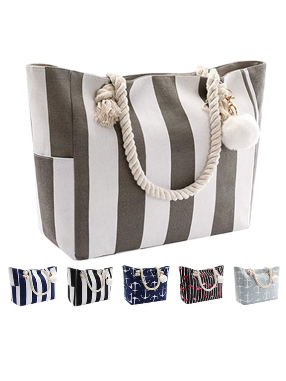 Extra Large Beach Bags Totes Women Waterproof Sandproof Big Tote Bag Zipper Inner Pockets Rope Handle Canvas with Zip Closure Swim Pool Gym Picnic Travel Weekend Accessorie Striped Grey Handbag Gifts