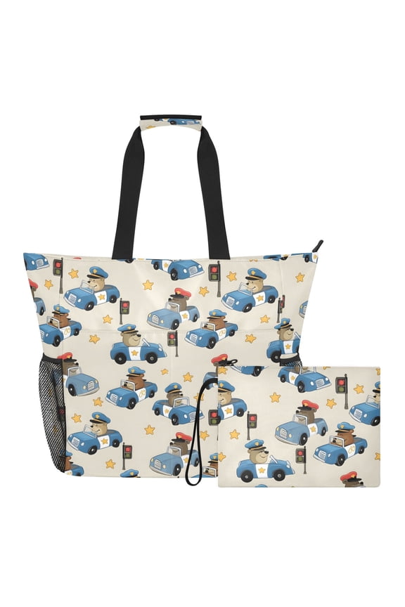 Extra Large Bear Driving Police Car Beach Bag for Women Waterproof Tote with Zipper Pockets