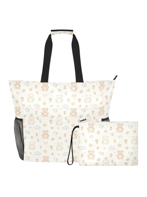 Extra Large Bear Flower Beach Bag for Women Waterproof Tote with Zipper Pockets