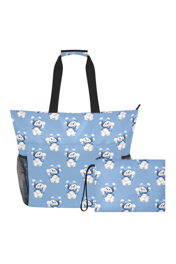 Extra Large Bear Wearing A Blue Winter Hat Beach Bag for Women Waterproof Tote with Zipper Pockets