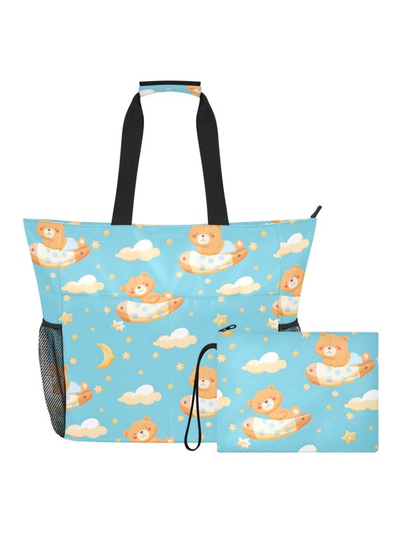 Extra Large Bear in Sky Beach Bag for Women Waterproof Tote with Zipper Pockets