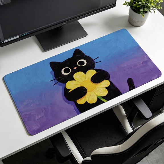 Extra Large Black Cat Holding Yellow Flower Oil Painting Mouse Pad,Non Slip Rubber Pad,Desktop Decoration Drotection Pad,Washable,Lock Edge Multi Size,Premium Multipurpose Mousepad,Home