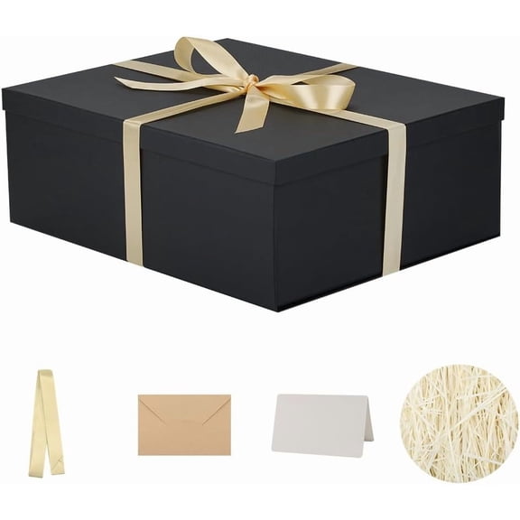 Extra Large Black Gift Box with Lid 17 x 13 x 6 Inches Includes Shredded Paper Fill Envelope Card and Ribbon