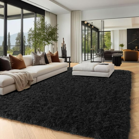 Extra Large Black Shaggy Mat | Plush Soft Fuzzy High Pile for Living Room & Bedroom | Machine Washable Blend in Black & Neutral Tones | Luxury Floor Mat for Modern Home Decor