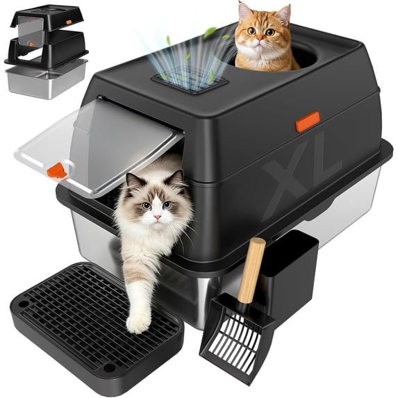 Extra Large Black Stainless Steel Litter Box With Lid, Leak Proof Design