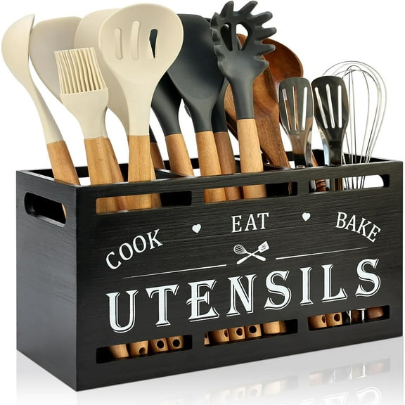 Extra Large Black Wood Utensil Holder Organizer Farmhouse Kitchen Decor Cutlery Spatula Holder Silverware Caddy Wooden Cooking Utensils Holder for Kitchen Countertop Utensil Crock Spoon Tools Holder