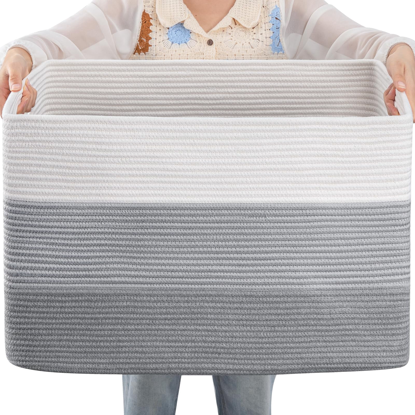 Extra Large Blanket Basket, 110L Cotton Rope Woven Laundry Basket, baby laundry basket,Cotton Rope Blanket Basket for Living Room, Laundry, Nursery, Pillows (Gradient Grey)