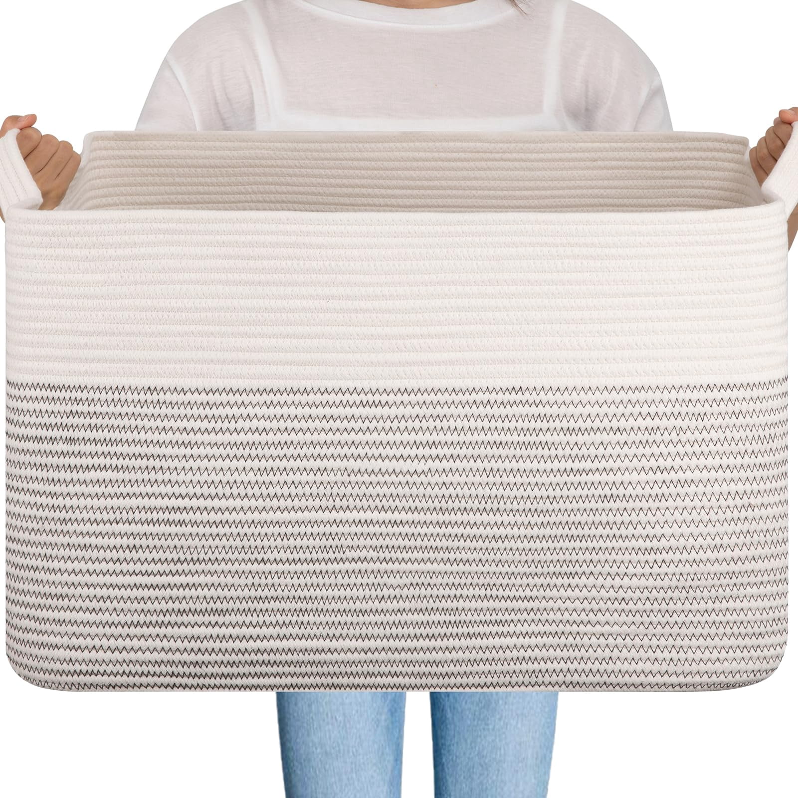 Extra Large Blanket Basket, 95L Woven Storage Basket, Cotton Rope Toy Bin for Baby Room, Container for Storage in Living Room, 24''×17''×14'', Black & White