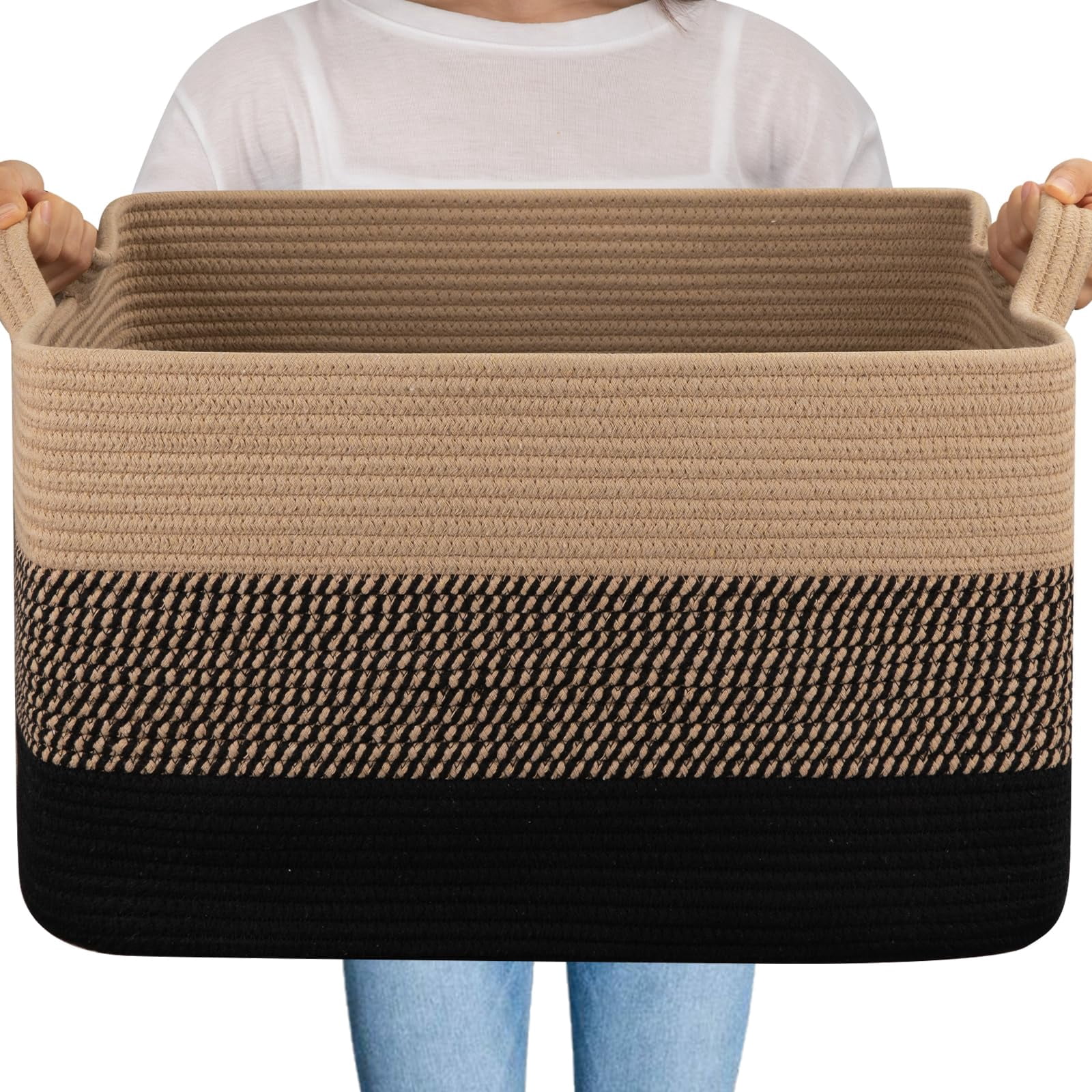 Extra Large Blanket Basket, 95L Woven Storage Basket, Cotton Rope Toy Bin for Baby Room, Container for Storage in Living Room, 24''×17''×14'', Black & White