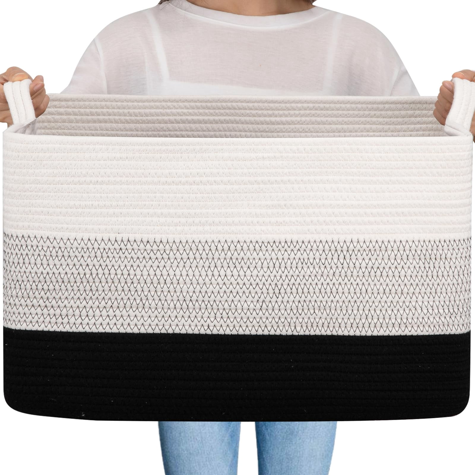 Extra Large Blanket Basket, 95L Woven Storage Basket, Cotton Rope Toy Bin for Baby Room, Container for Storage in Living Room, 24''×17''×14'', Black & White