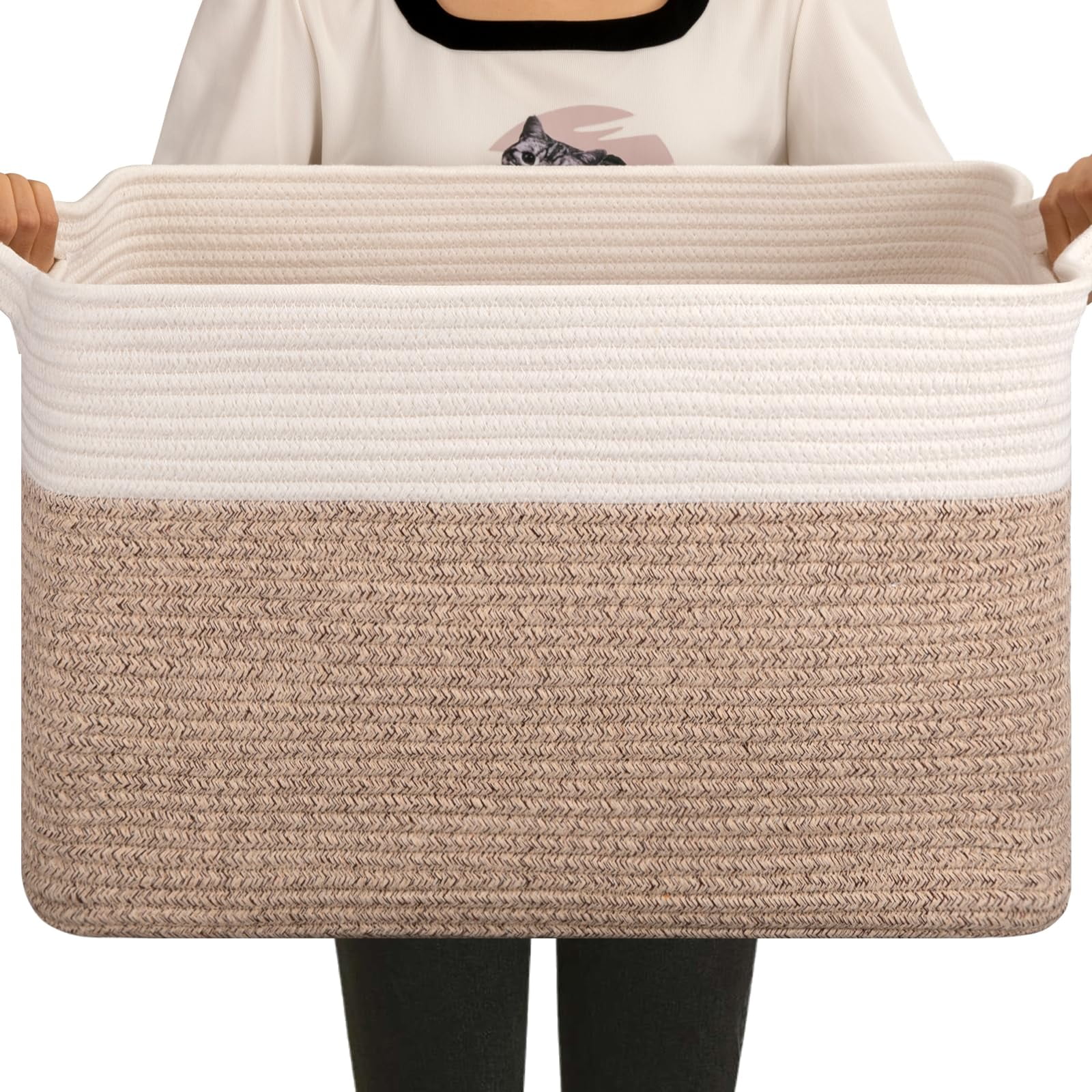 Extra Large Blanket Basket, 95L Woven Storage Basket, Cotton Rope Toy Bin for Baby Room, Container for Storage in Living Room, 24''×17''×14'', Black & White