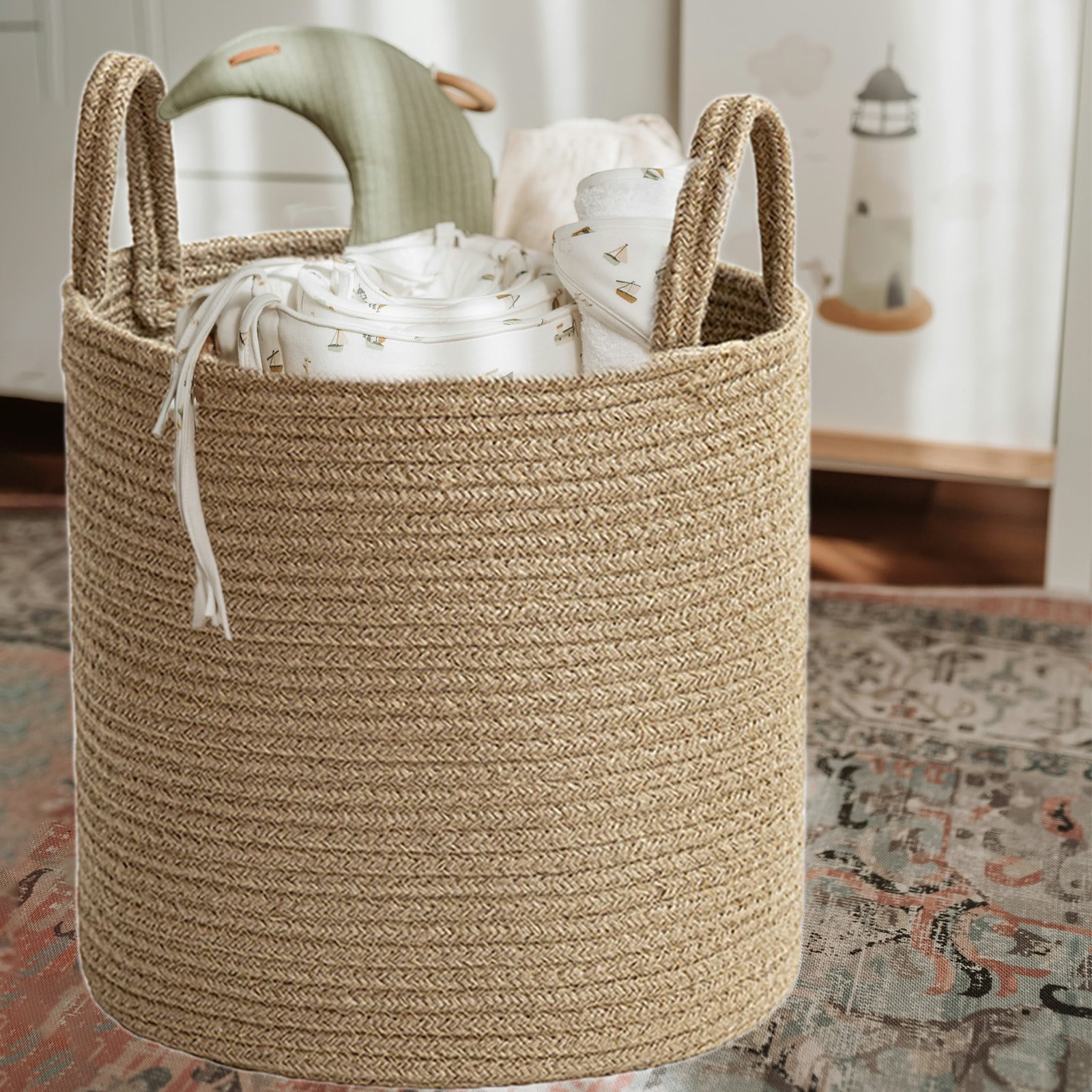 Extra Large Blanket Basket for Living Room - Woven Cotton Rope Laundry Hamper with Reinforced Handles,for Blankets,Toys,Clothes,Shoes,Plant Organizer Bin with Handles Living Room Home Decor