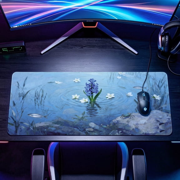 Extra Large Blue Hyacinth Flower Pond Art Mouse Pad，Non Slip Rubber Pad，Desktop Decoration Drotection Pad，Washable，Lock Edge Multi Size，Premium Multipurpose Mousepad