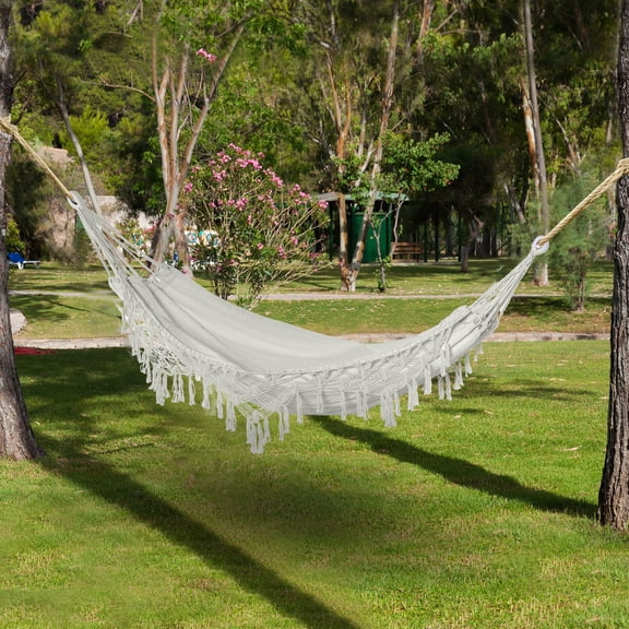Extra Large Boho Hammock with Macrame Tassel Fringe 264 lbs Weight Capacity White with Adjustable Hanging Chains & Carrying Bag for Indoor Outdoor Porch Camping