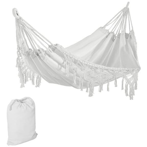 Extra Large Boho Hammock with Macrame Tassel Fringe, Portable Tree Hammock for Indoor Outdoor Porch Backyard Camping, White Polyester 330 lbs Capacity Includes Carrying Bag