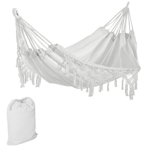 Extra Large Boho Hammock with Macrame Tassel Fringe, Includes Carrying Bag, Indoor Outdoor Tree Hammock for Porch, Backyard, Camping, White