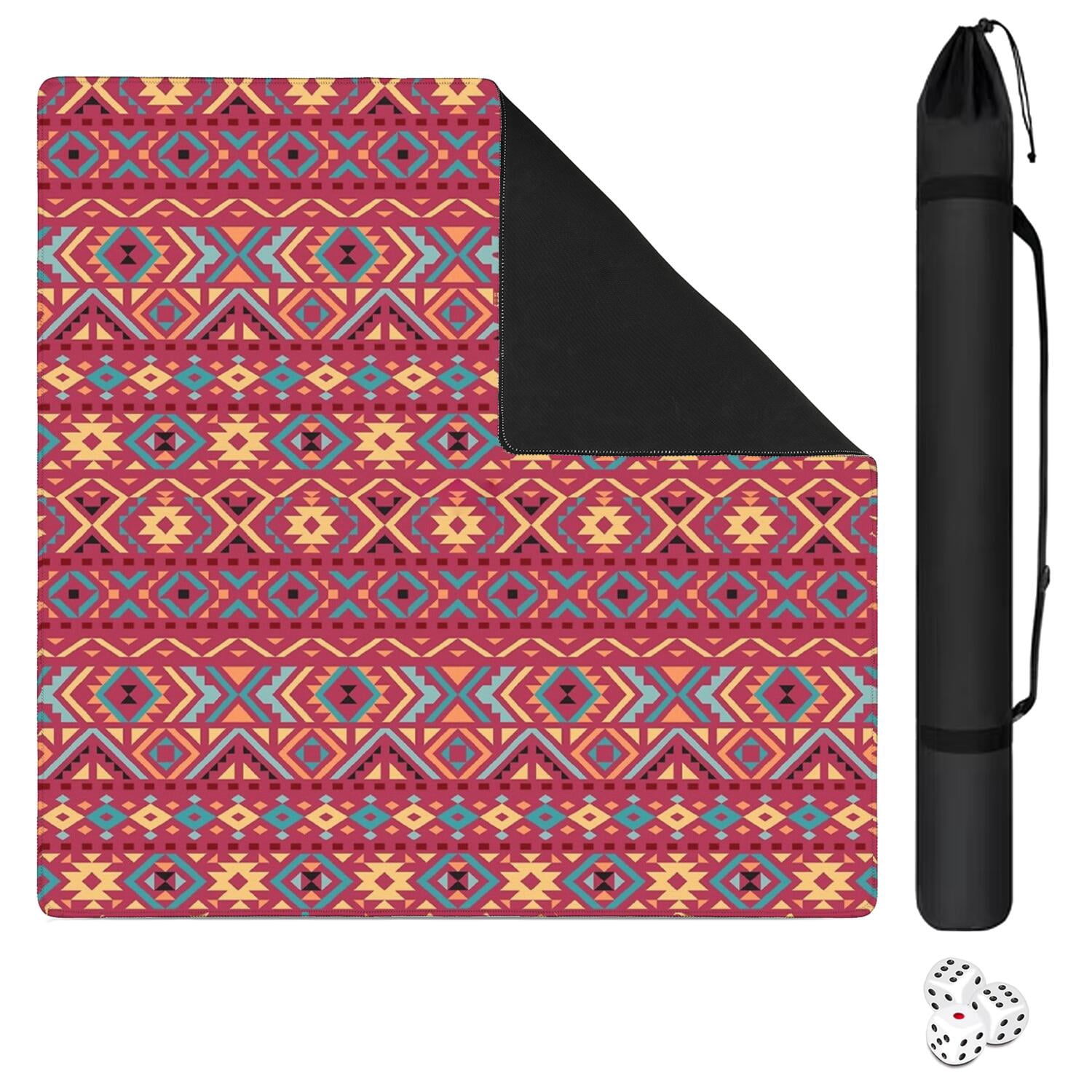 Extra Large Boho Pattern Anti-Slip Playing Surface 31.5 Inch Square Rubber Mahjong Mat with Noise Reduction for Chinese Tiles and Family Game Nights
