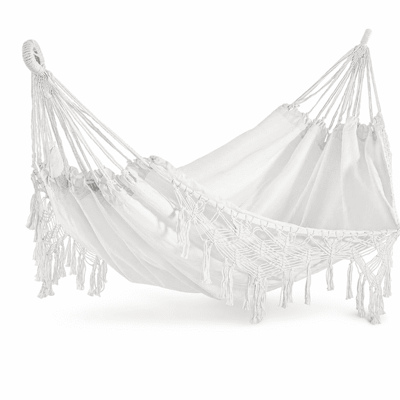 Outsunny Extra Large Boho Hammock with Macrame Tassels  Portable Tree Hammock for Backyard, Camping, Beach, 330 lbs, White