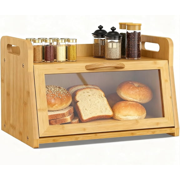 Extra Large Bread Box, Bread Box for Homemade Bread, Bamboo Wooden Bread Storage Container with Tool Holder & Handles & Window, Assembly Required(14.9" x 9.8" x 9.4") Natural