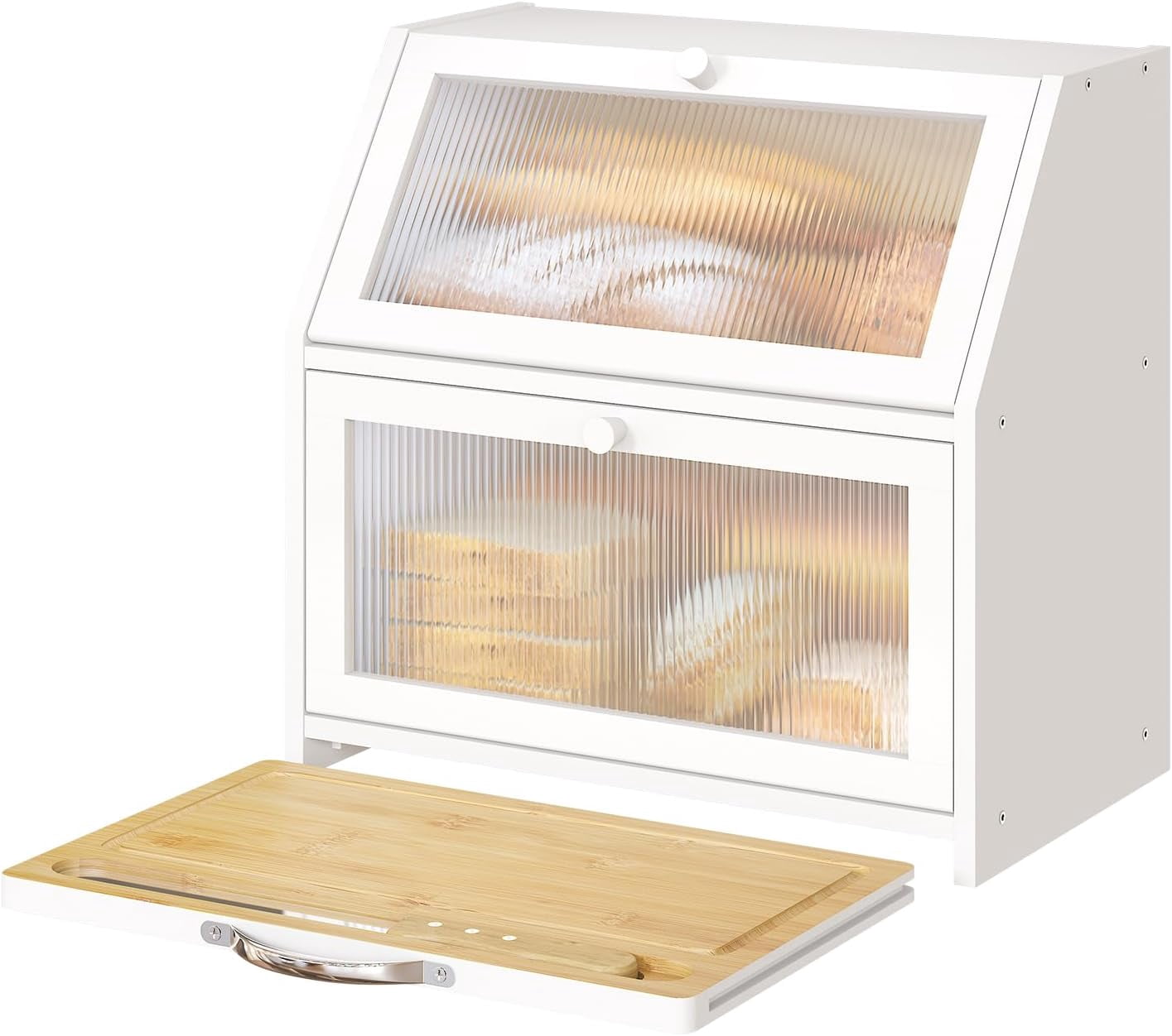 Extra Large Bread Box with Cutting Board Bamboo Wood Bread Box for Kitchen Counter, Double Layer Large Capacity Bread Storage Bin with Acrylic Wavy Door Panel
