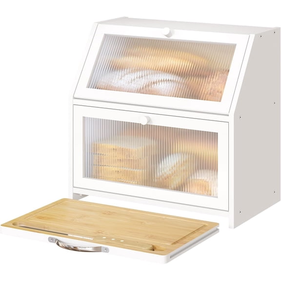 Extra Large Bread Box with Cutting Board Bamboo Wood Bread Box for Kitchen Counter, Double Layer Large Capacity Bread Storage Bin with Acrylic Wavy Door Panel