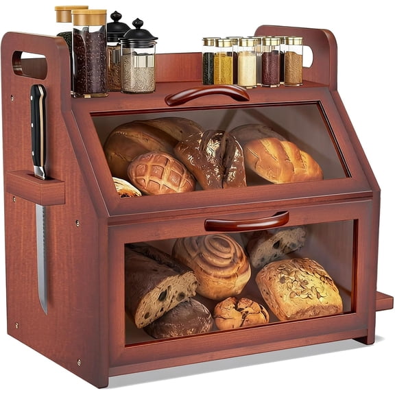 Extra Large Bread Box, Double Layer Bread Box for Homemade Bread, Bamboo Wooden Bread Storage Container with Tool Holder & Handles & Window, Assembly Required(14.9" x 11" x 15.3") Brown