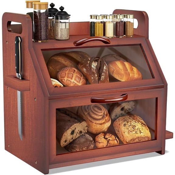 Extra Large Bread Box, Double Layer Bread Box for Homemade Bread, Bamboo Wooden Bread Storage Container with Tool Holder & Handles & Window, Assembly Required(14.9" x 11" x 15.3")
