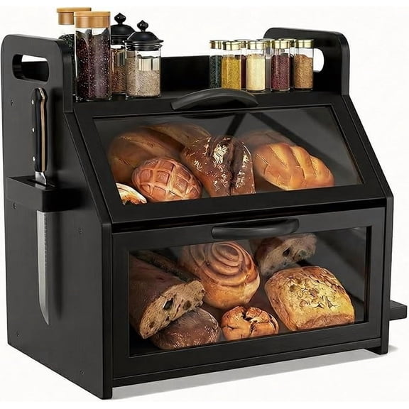 Extra Large Bread Box, Double Layer Bread Box for Homemade Bread, Bamboo Wooden Bread Storage Container with Tool Holder & Handles & Window, Assembly Required(14.9" x 11" x 15.3") Black