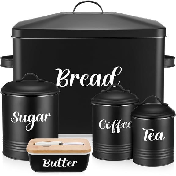 Extra Large Bread Box for Kitchen Counter Farmhouse, Metal Bread Bin and Ceramic Butter Dish with Lid and Knife, 3 Airtight Rustic Canister Containers Set for Sugar Coffee Tea(Balck)