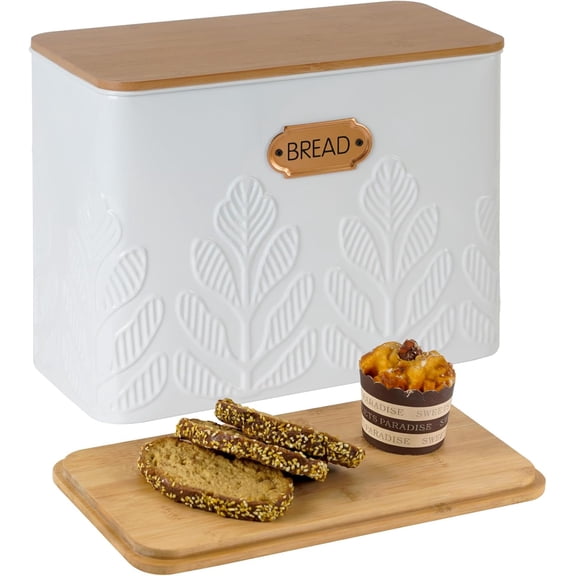 Extra Large Bread Box for Kitchen Countertop Corner Breadbox for made Bread Metal White Plant Pattern Embossed Bread Storage Container Bin with Bamboo Lid Fits 2 Loaves of Bread