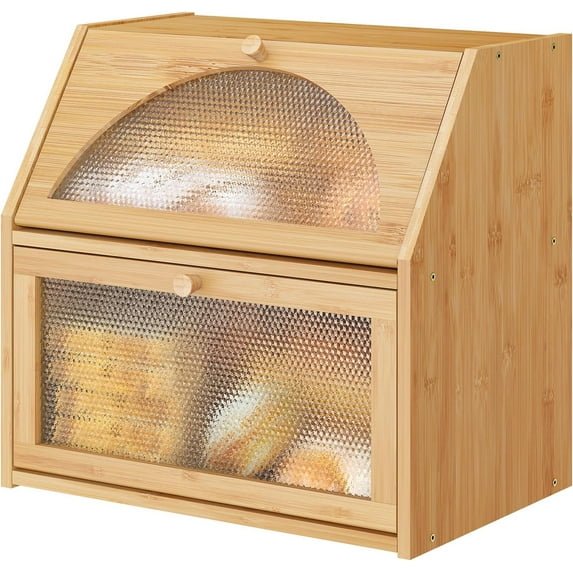 Extra Large Bread Box for Kitchen Counter, Bamboo Wood Double Layer Bread Box for Kitchen Counter, Wooden Capacity Bread Storage Bin