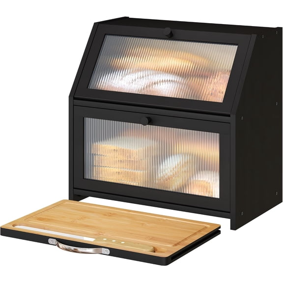 Extra Large Bread Box with Cutting Board Bamboo Wood for Kitchen Counter, Double Layer Capacity Storage Bin Acrylic Wavy Door Panel (Black)