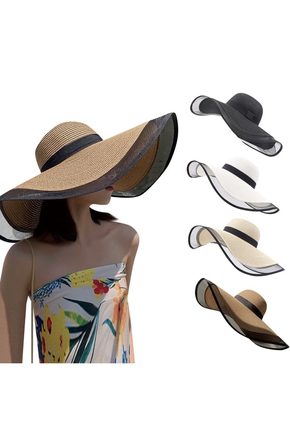 Extra Large Brim Roll-Up Sun Hat for Women - Floppy Straw Visor with Ribbon, Breathable Open Top Beach Hat for Travel & Vacation Khaki