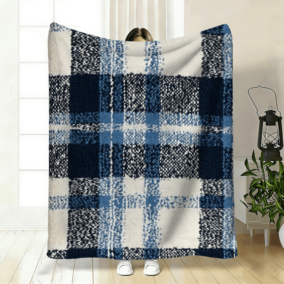 Extra Large British Plaid Flannel Blanket, All-Season Sofa Throw, Grey, White, Black Checkered Pattern - Machine Washable for Bed, Couch.