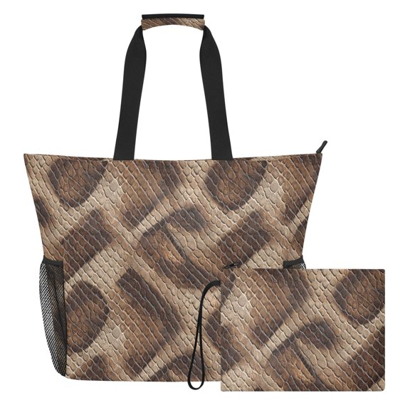 Extra Large Brown Python Leather Beach Bag for Women Waterproof Tote with Zipper Pockets