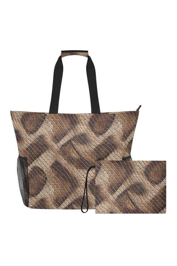 Extra Large Brown Python Leather Beach Bag for Women Waterproof Tote with Zipper Pockets