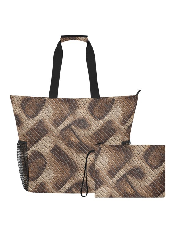 Extra Large Brown Python Leather Beach Bag for Women Waterproof Tote with Zipper Pockets