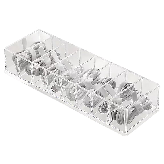 Extra Large Cable Organizer Kit with 8-Compartment Cord Storage Box (without Lid & Straps), Clear Plastic Desk Organizer for Cables, Chargers, Accessories for Home Office
