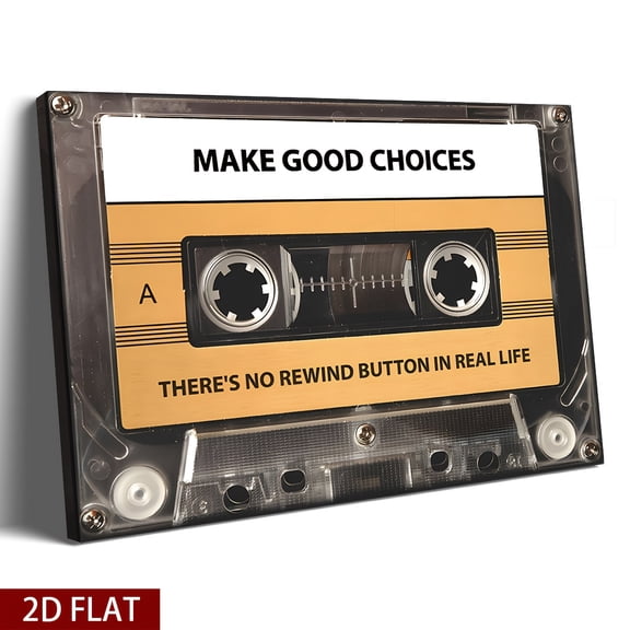 [Extra Large Canvas Wall Art] 2D Flat, 1pc Wooden Framed Extra Large Canvas Wall Art, Revive Retro Vibes with Classic Cassette Tape Canvas, Make Good Choice Life Has No Rewind,